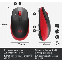 Logitech M191 Büyük Boy USB Alıcılı 1.000 DPI Kablosuz Mouse - Kırmızı
