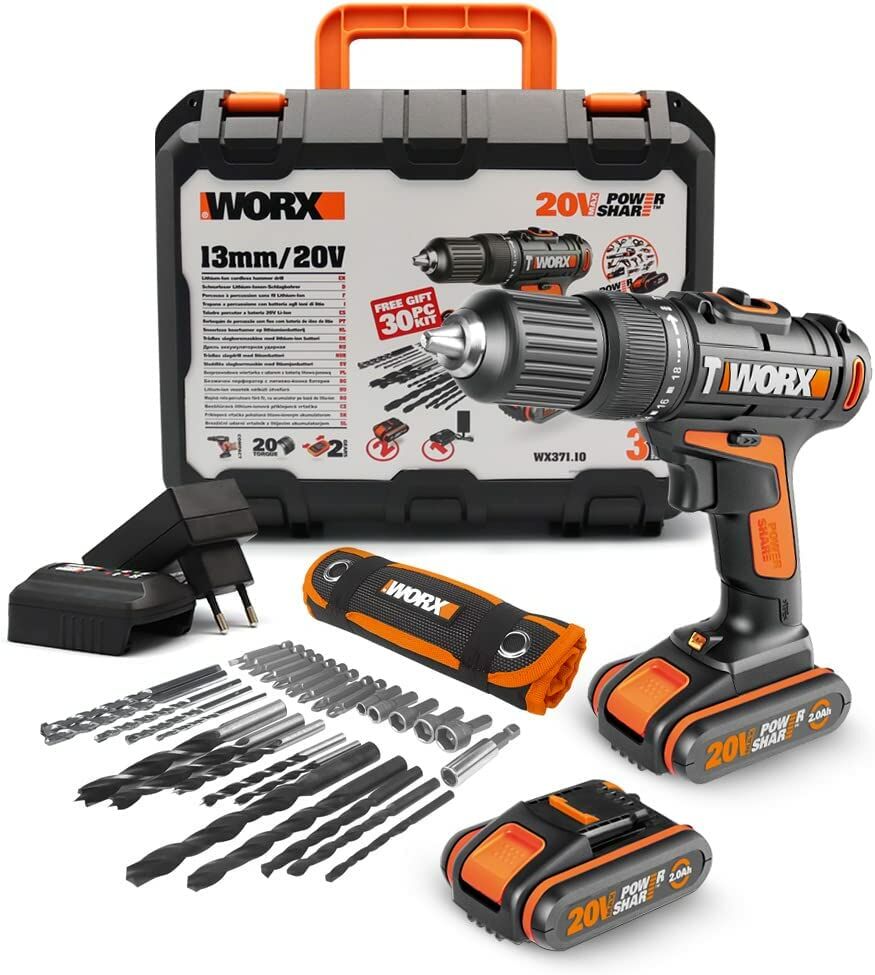 Worx WX371.10 20Volt2Ah. Li-ion Çift Akülü Profesyonel Şarjlı Darbeli Matkap + 30 Parça Aksesuar Seti