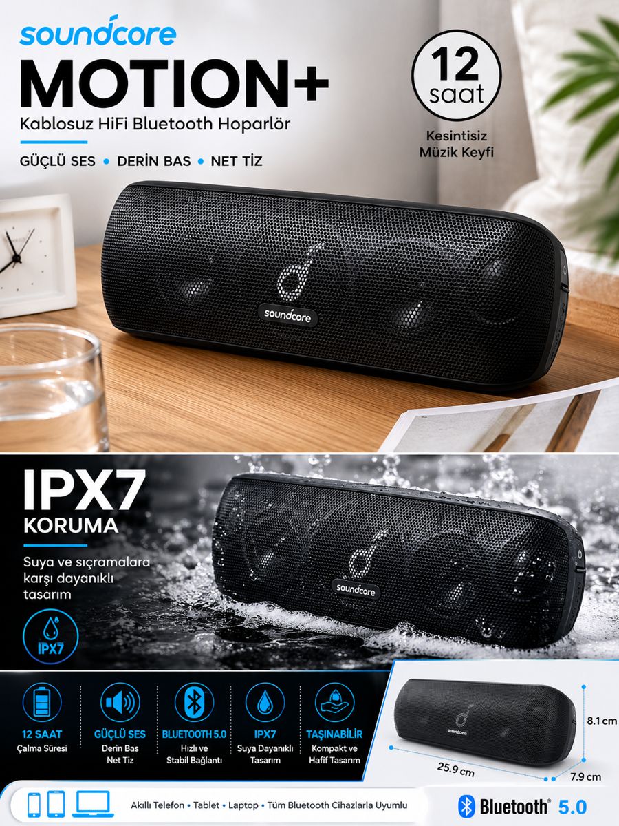 Anker Soundcore Motion+ kablosuz HiFi Bluetooth hoparlör, 12 saate kadar pil ömrü, IPX7 suya dayanıklılık, Bluetooth 5.0 bağlantı, güçlü stereo ses ve taşınabilir tasarım özelliklerini gösteren açıklama görseli.