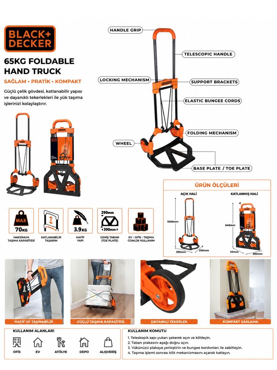 BLACK+DECKER BH200 katlanabilir el arabası 65 kg taşıma kapasiteli kompakt yük taşıma arabası