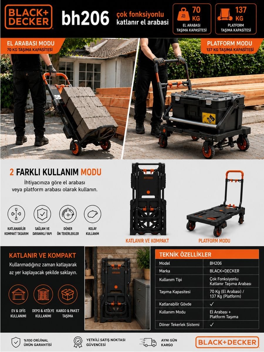BLACK+DECKER BH206 70/137 kg taşıma kapasiteli çok fonksiyonlu katlanır el arabası açıklama görseli