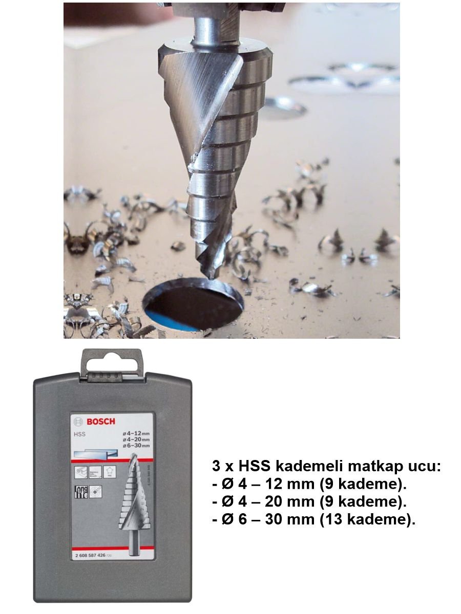 Bosch 3 Parçalı HSS Kademeli Matkap Ucu Seti 4-12, 4-20 ve 6-30 mm ölçüleriyle metal, sac, alüminyum ve plastik yüzeylerde kademeli delme işlemleri için uygundur.