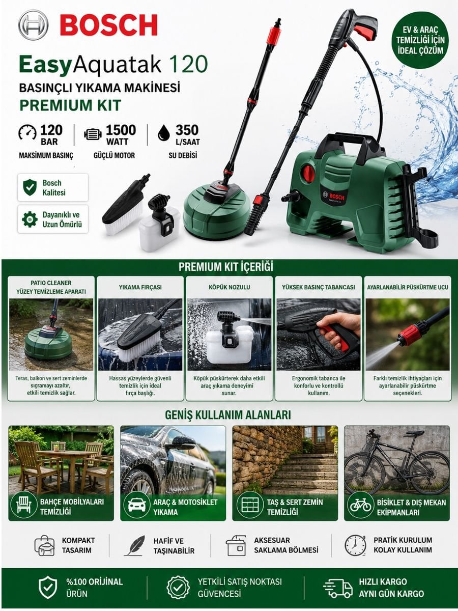 Bosch EasyAquatak 120 Premium Kit 1500W 120 Bar basınçlı yıkama makinesi ve araç bahçe temizlik aksesuarları