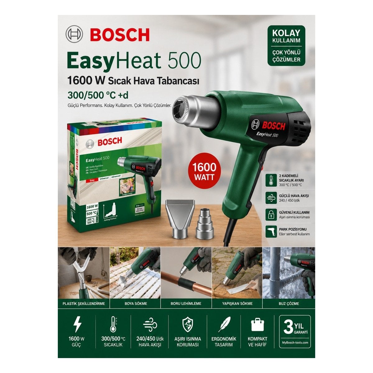 Bosch EasyHeat 500 1600 W sıcak hava tabancası, 300/500 °C sıcaklık ayarı ve çok amaçlı kullanım özellikleriyle tanıtım görseli.