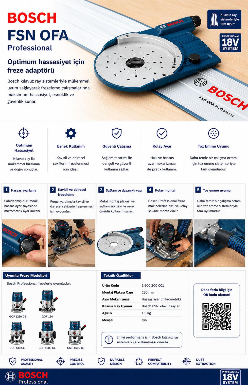 Bosch FSN OFA Professional freze ray adaptörü, Bosch kılavuz ray sistemiyle hassas, kavisli ve dairesel frezeleme çalışmaları için kullanım görseli.