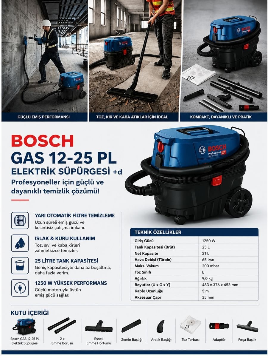 Bosch GAS 12-25 PL profesyonel elektrik süpürgesi ıslak kuru kullanım özellikli güçlü endüstriyel temizlik çözümü