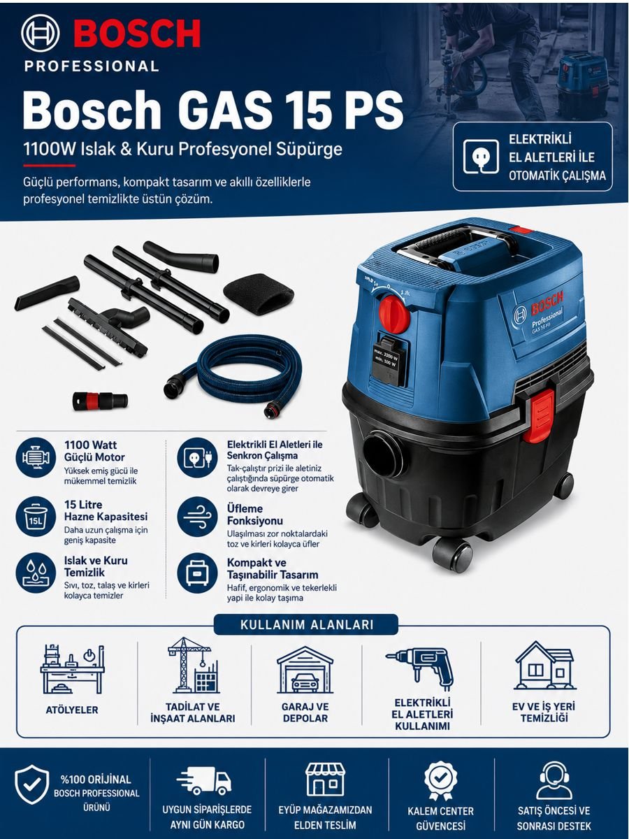 Bosch GAS 15 PS 1100W 15 litre ıslak kuru elektrik süpürgesi, otomatik el aleti bağlantısı, üfleme fonksiyonu ve profesyonel temizlik özelliklerini gösteren açıklama görseli.