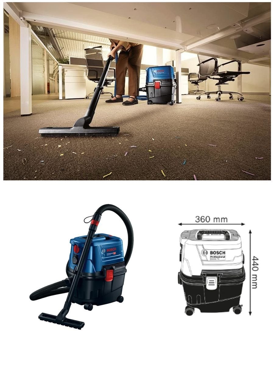 Bosch GAS 15 PS ıslak kuru elektrik süpürgesi 1100W güç, yarı otomatik filtre temizleme sistemi ve elektrikli el aleti bağlantı priziyle profesyonel temizlik sunar