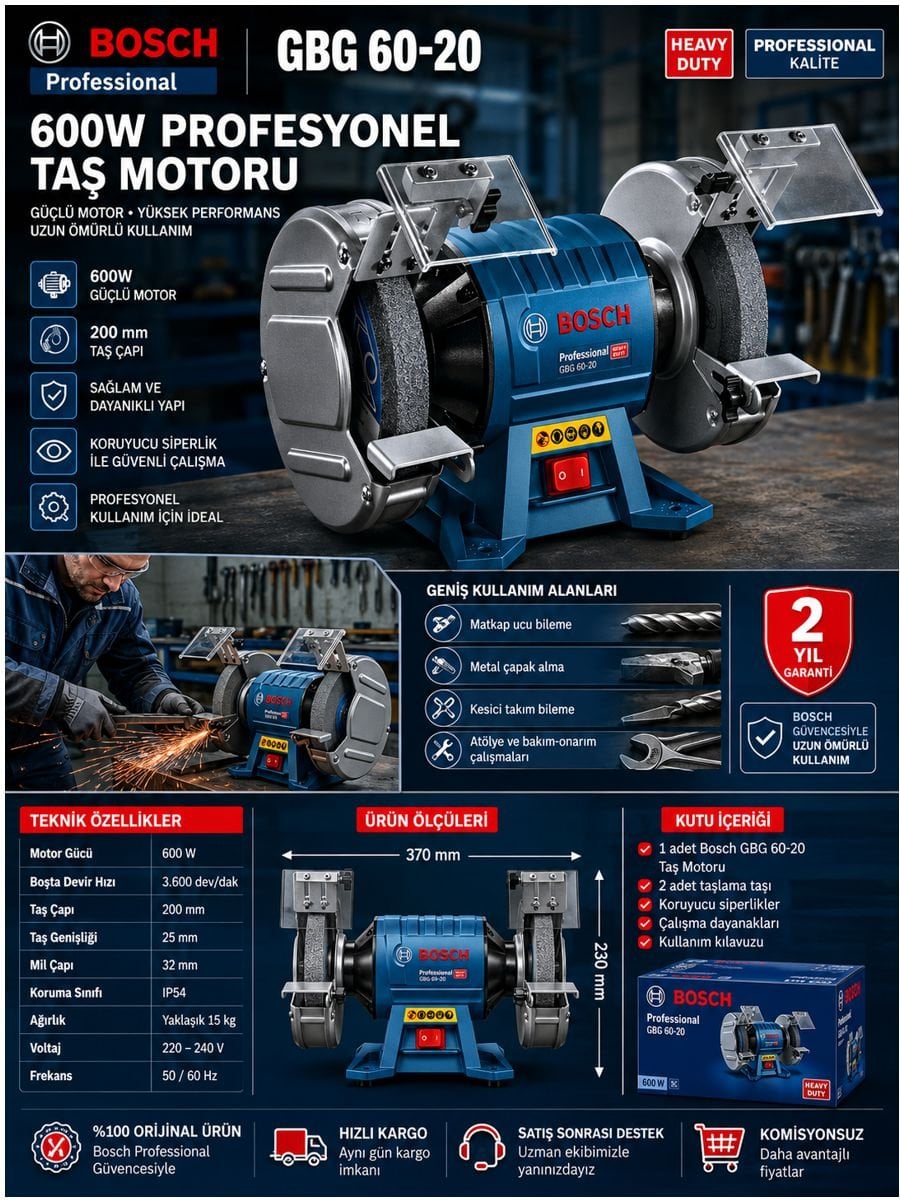 Bosch GBG 60-20 600W profesyonel taş motoru teknik özellikleri, kullanım alanları ve kutu içeriği görseli.