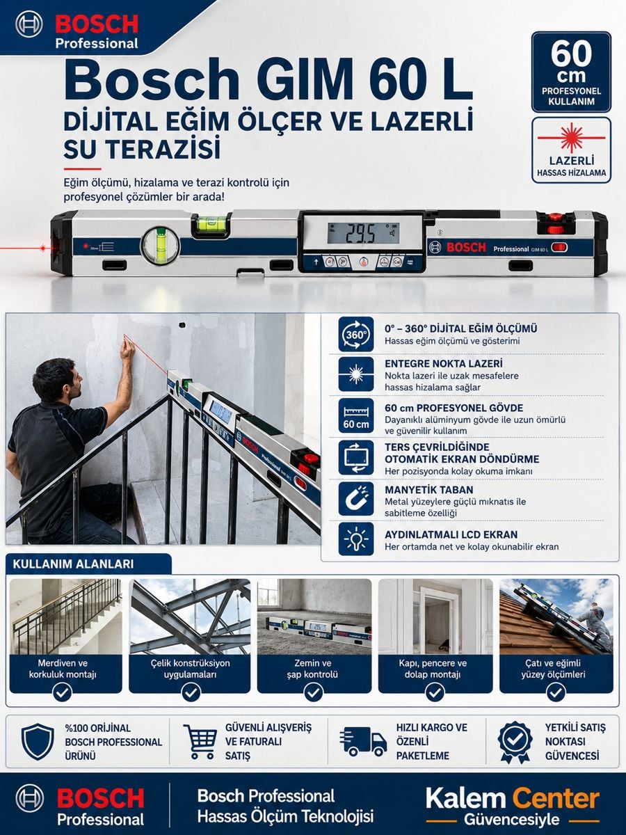 Bosch GIM 60 L dijital eğim ölçer ve lazerli su terazisi, 60 cm profesyonel gövde, hassas açı ölçümü ve lazer hizalama özelliği.