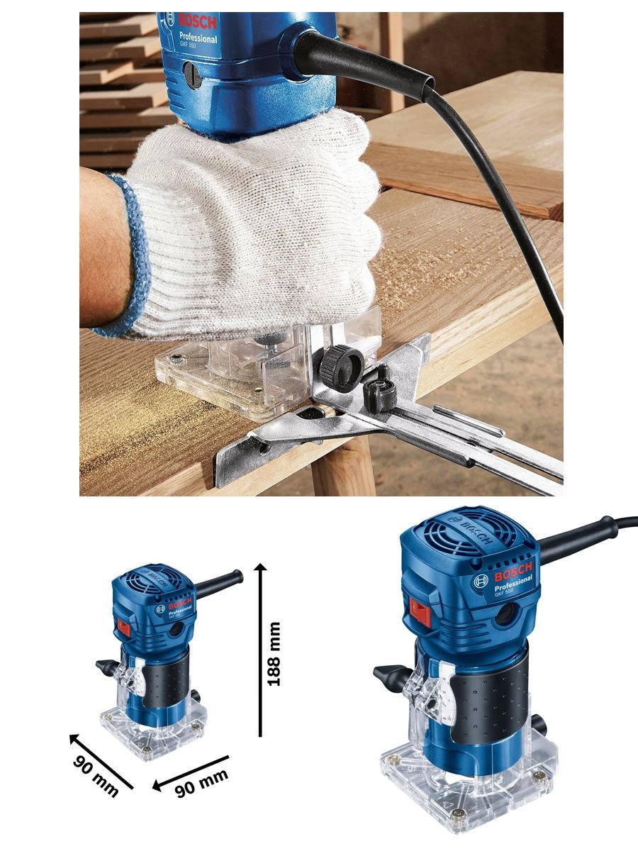 Bosch GKF 550 çok amaçlı freze; 550 W motor gücü, 33.000 dev/dak boşta devir hızı, 6 mm penset uyumu ve kompakt tasarımıyla ahşap kenar işleme, kanal açma ve hassas frezeleme uygulamaları için geliştirilmiş profesyonel freze makinesidir.