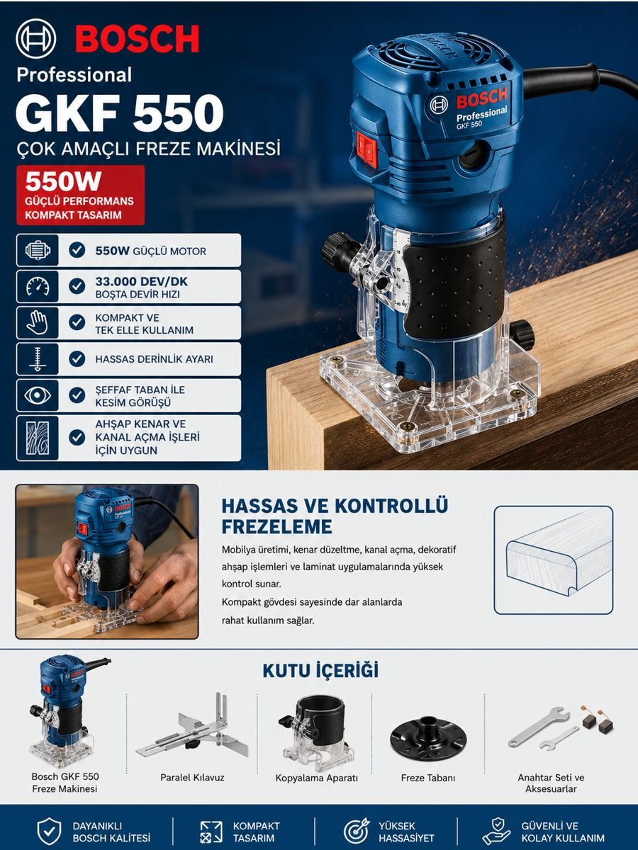 Bosch Professional GKF 550 550W çok amaçlı freze makinesi, kompakt tasarım, hassas derinlik ayarı ve ahşap kenar işleme özellikleriyle profesyonel kullanım için geliştirilmiştir.