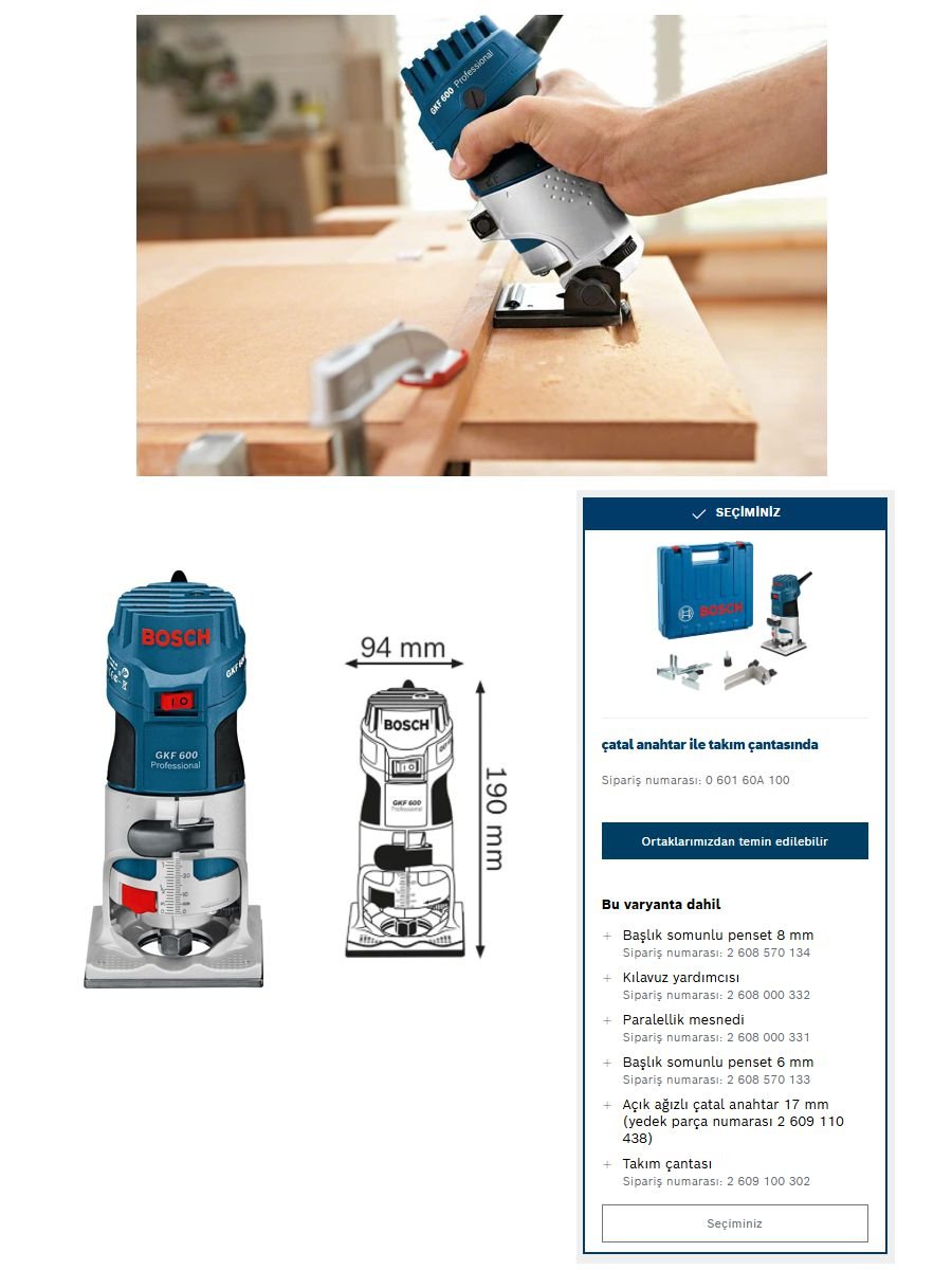 Bosch GKF 600 profesyonel 600 Watt elektrikli formika traşlama makinası kompakt gövde ve hassas kenar işleme avantajı sunar.