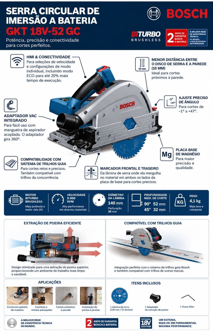 Bosch GKT 18V-52 GC akülü dalma kesim testere BITURBO Brushless motorlu profesyonel ray uyumlu daire testere
