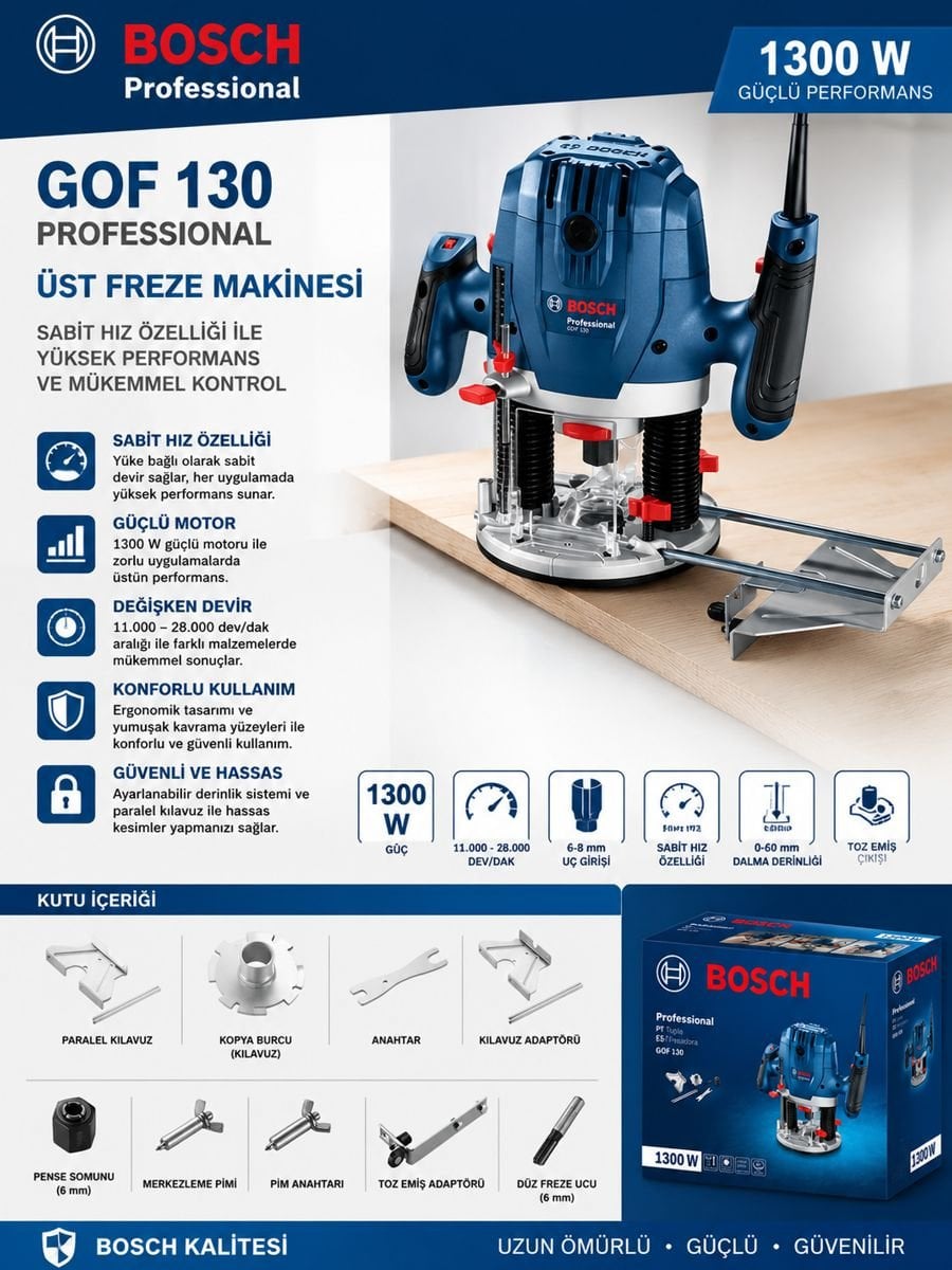 Bosch GOF 130 Professional üst freze makinesi 1300W motor gücü, 6-8 mm uç girişi ve sabit hız teknolojisi ile hassas ahşap işleme uygulamaları için profesyonel freze çözümü.