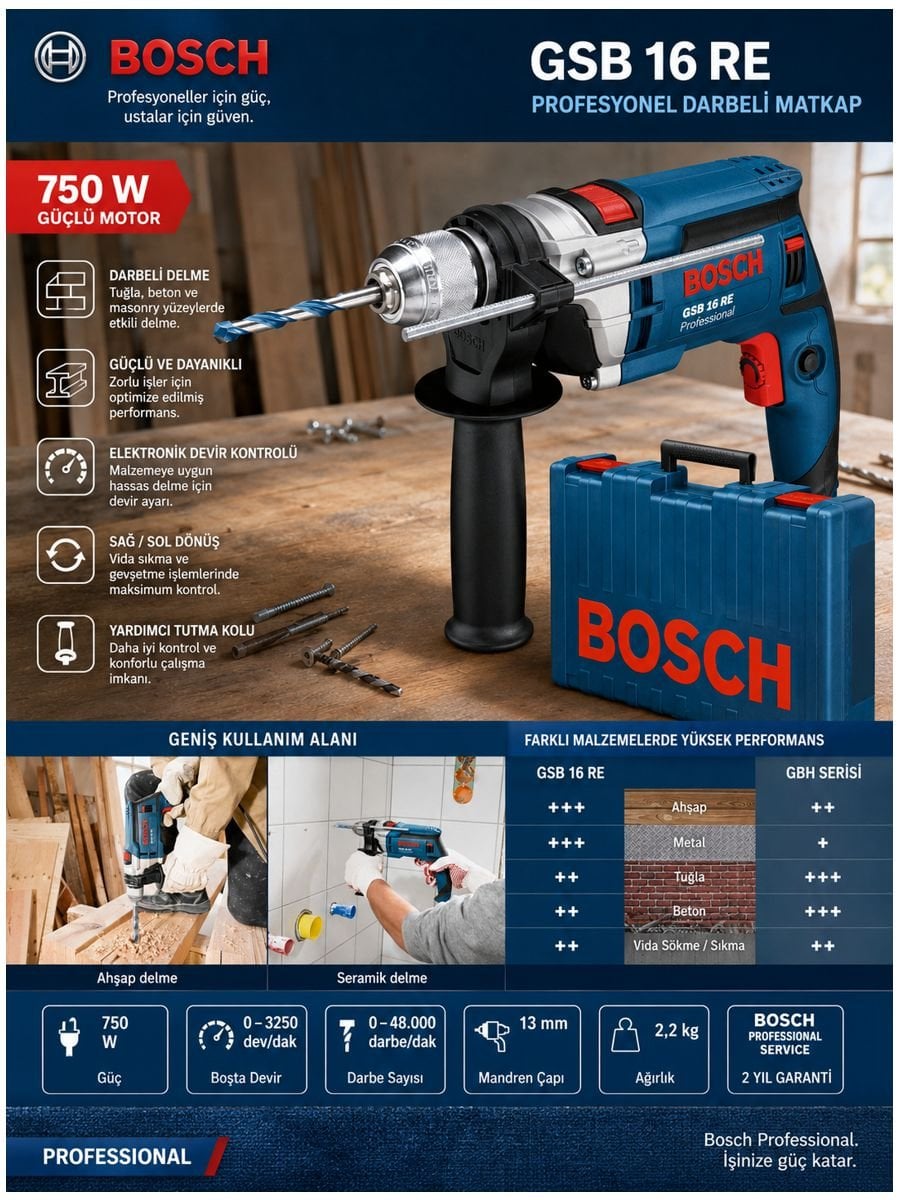 Bosch GSB 16 RE 750 Watt profesyonel darbeli matkap, ahşap, metal, tuğla ve beton yüzeylerde güçlü delme performansı sunan çantalı darbeli matkap modeli.