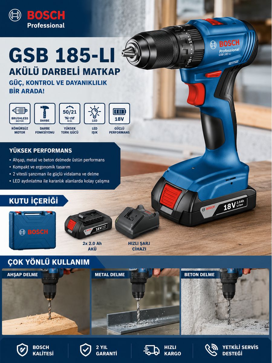 Bosch GSB 185-LI 18V 2x2.0 Ah akülü darbeli matkap; kömürsüz motor, darbeli delme özelliği, LED aydınlatma, taşıma çantası ve hızlı şarj cihazı ile açıklama görseli.
