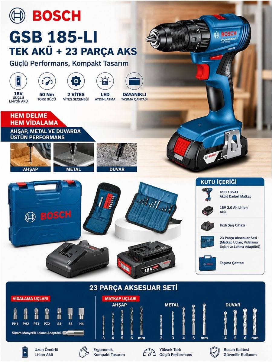 Bosch GSB 185-LI 18V darbeli vidalama matkap ve 23 parça aksesuar seti açıklama görseli