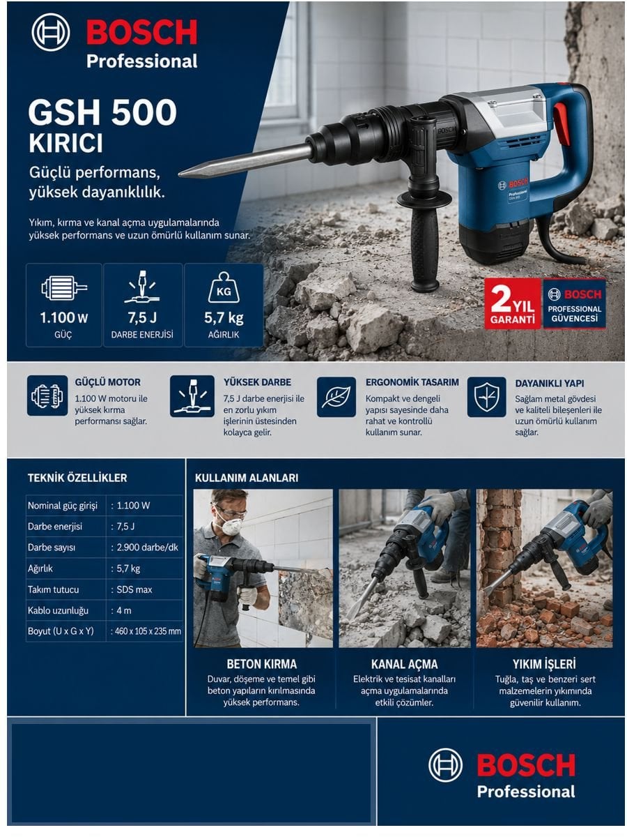 Bosch Professional GSH 500 SDS Max kırıcı 1100W profesyonel beton kırma makinesi