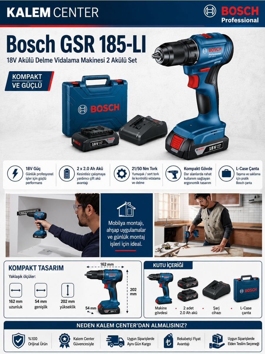 Bosch GSR 185-LI 18V akülü delme vidalama makinesi 2 akülü setin özelliklerini, kompakt tasarımını, kutu içeriğini ve Kalem Center avantajlarını gösteren açıklama görseli.