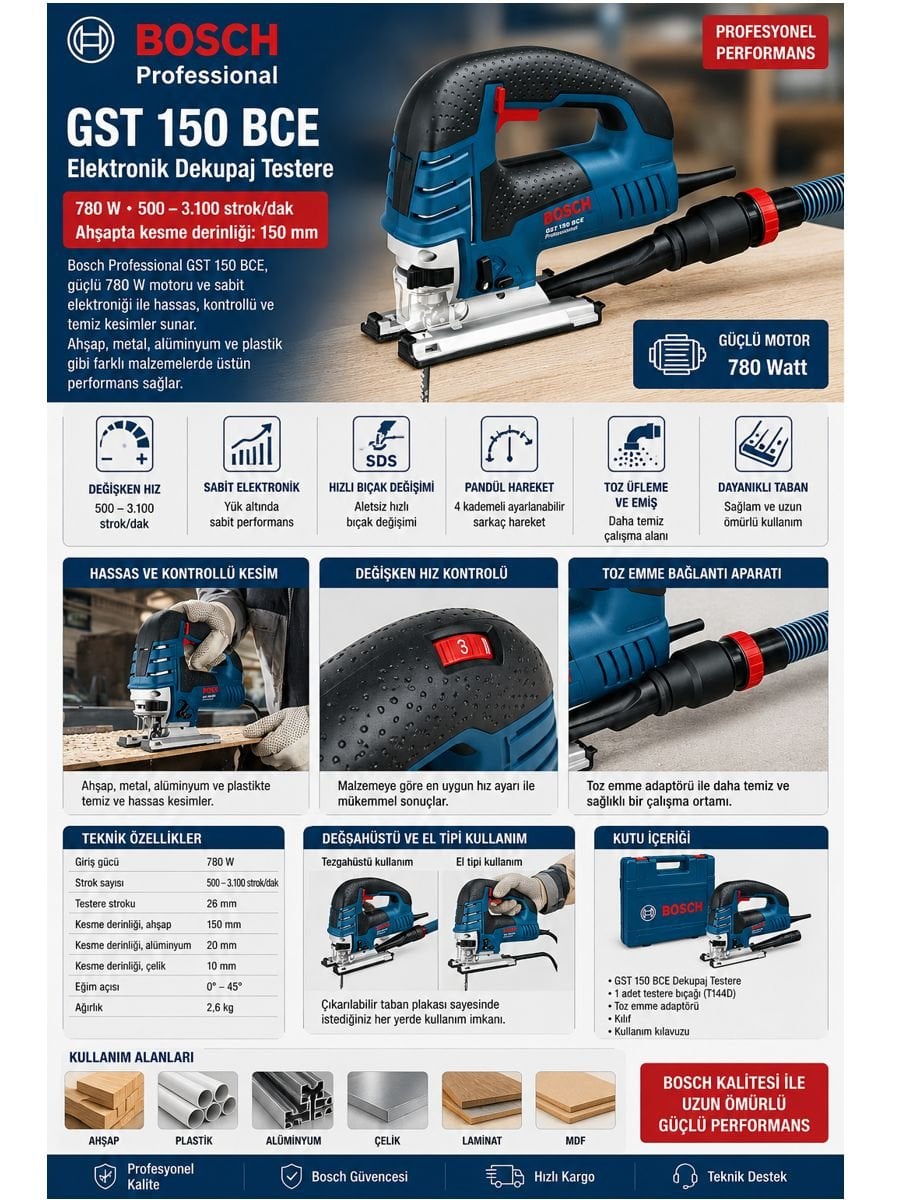 Bosch Professional GST 150 BCE 780W elektronik dekupaj testere teknik özellikleri ve kullanım alanları