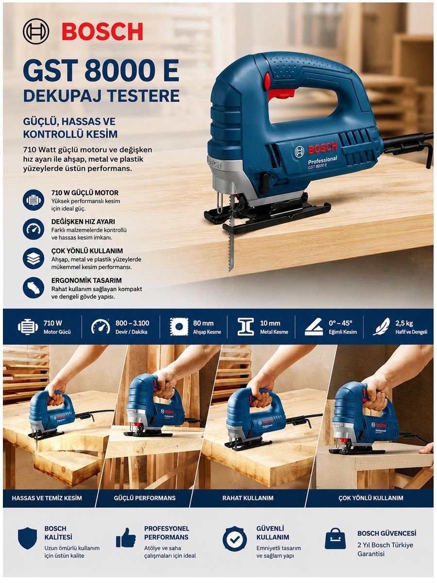 Bosch GST 8000 E 710W dekupaj testere ile ahşap, metal ve plastik yüzeylerde hassas kesim sağlayan profesyonel dekupaj testere açıklama görseli.