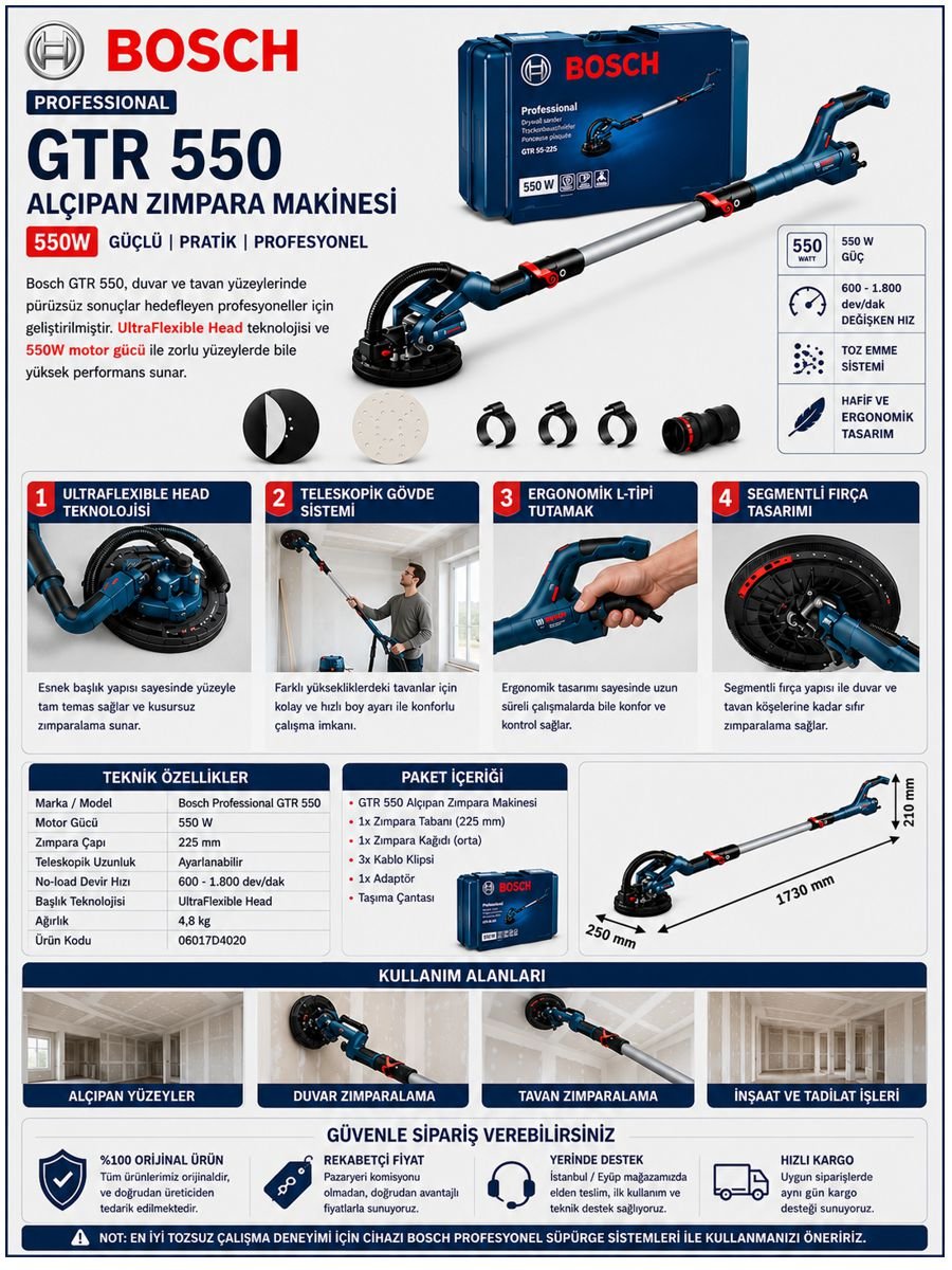 Bosch GTR 550 550W alçıpan zımpara makinesi teknik özellikleri, teleskopik kol sistemi, toz emme yapısı ve profesyonel kullanım alanlarını gösteren açıklama görseli.