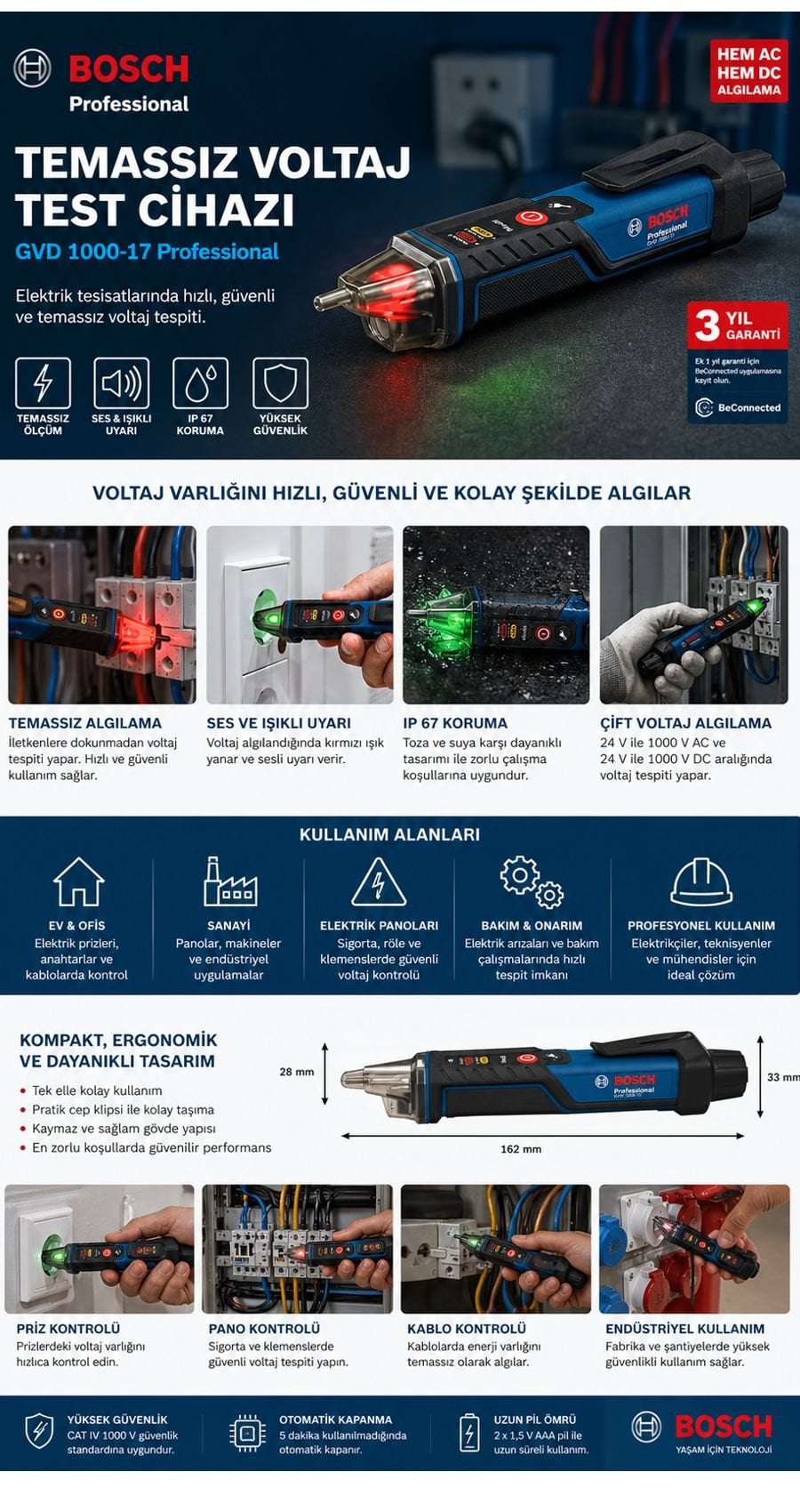 Bosch GVD 1000-17 Professional temassız voltaj test cihazı, elektrik tesisatlarında hızlı ve güvenli voltaj tespiti için sesli, ışıklı ve titreşimli uyarı özellikleri sunan profesyonel voltaj dedektörüdür.