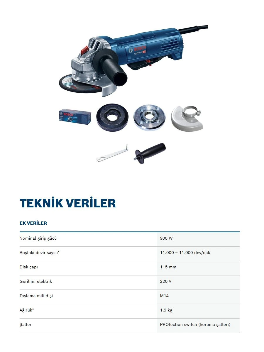Bosch GWS 9-115 P avuç taşlama makinesi 900W gücü ve 115 mm disk çapı ile profesyonel kesme ve taşlama işlemlerinde yüksek performans sunar