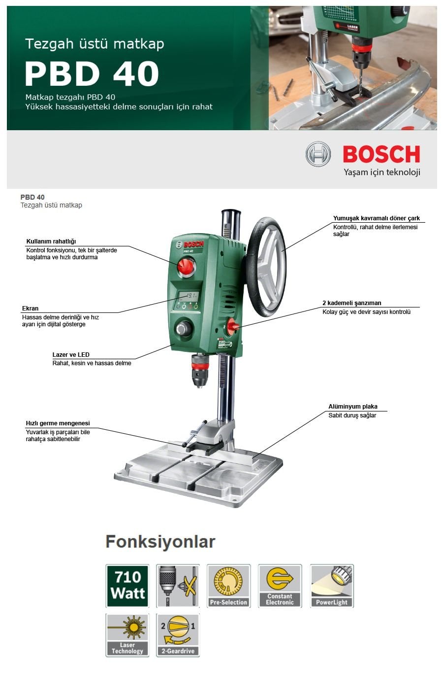 Bosch Home and Garden PBD 40 710 W tezgah matkabı, çelikte 13 mm ve ahşapta 40 mm delme kapasitesiyle hassas delme işleri için kullanılan taşıma çantalı matkap modeli.
