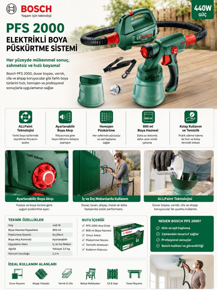 Bosch PFS 2000 elektrikli boya püskürtme sistemi, duvar boyası, vernik ve cila uygulamaları için ALLPaint teknolojili boya tabancası