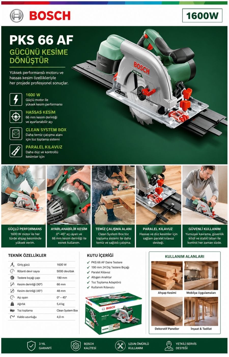 Bosch PKS 66 AF 1600 W daire testere, paralel kılavuz, 66 mm kesim derinliği ve Clean System Box özelliklerini gösteren ürün açıklama görseli.