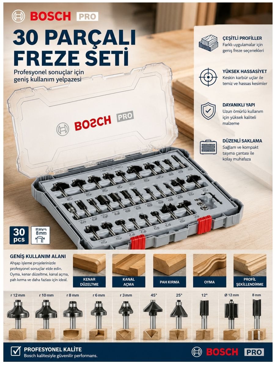 Bosch PRO 30 parçalı karışık freze ucu seti, 8 mm şaftlı yüksek kaliteli carbide kesici uçları ve taşıma kutusuyla ahşap işleme uygulamaları için görüntüleniyor