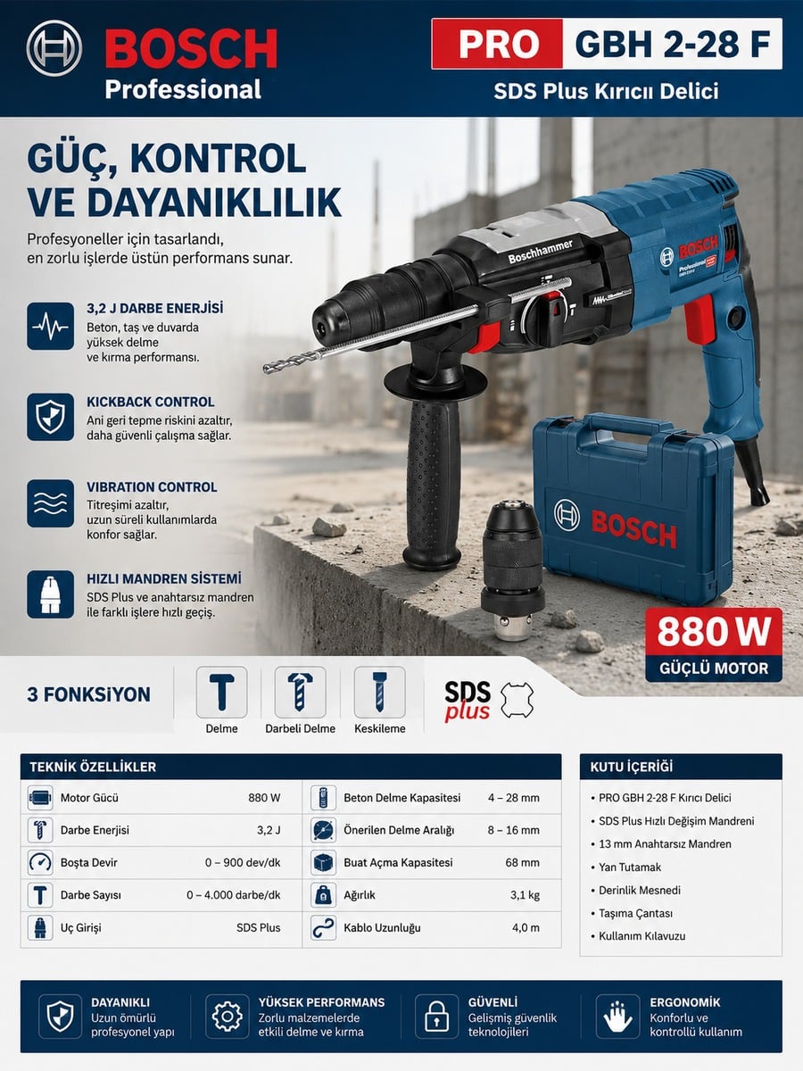 Bosch Professional PRO GBH 2-28 F SDS Plus kırıcı delici tanıtım görseli. Görselde 880 W motor gücü, 3,2 J darbe enerjisi, KickBack Control, Vibration Control, SDS Plus mandren sistemi, teknik özellikler ve kutu içeriği bilgileriyle birlikte Bosch GBH 2-28 F kırıcı delici, taşıma çantası ve hızlı değişim mandreni yer almaktadır.