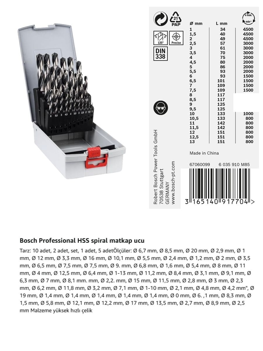 Bosch Professional 25 Parça Gri Matkap Ucu Seti, atölye, montaj, tamirat ve profesyonel kullanım için uygun 25 adet matkap ucundan oluşan pratik Bosch aksesuar setidir.