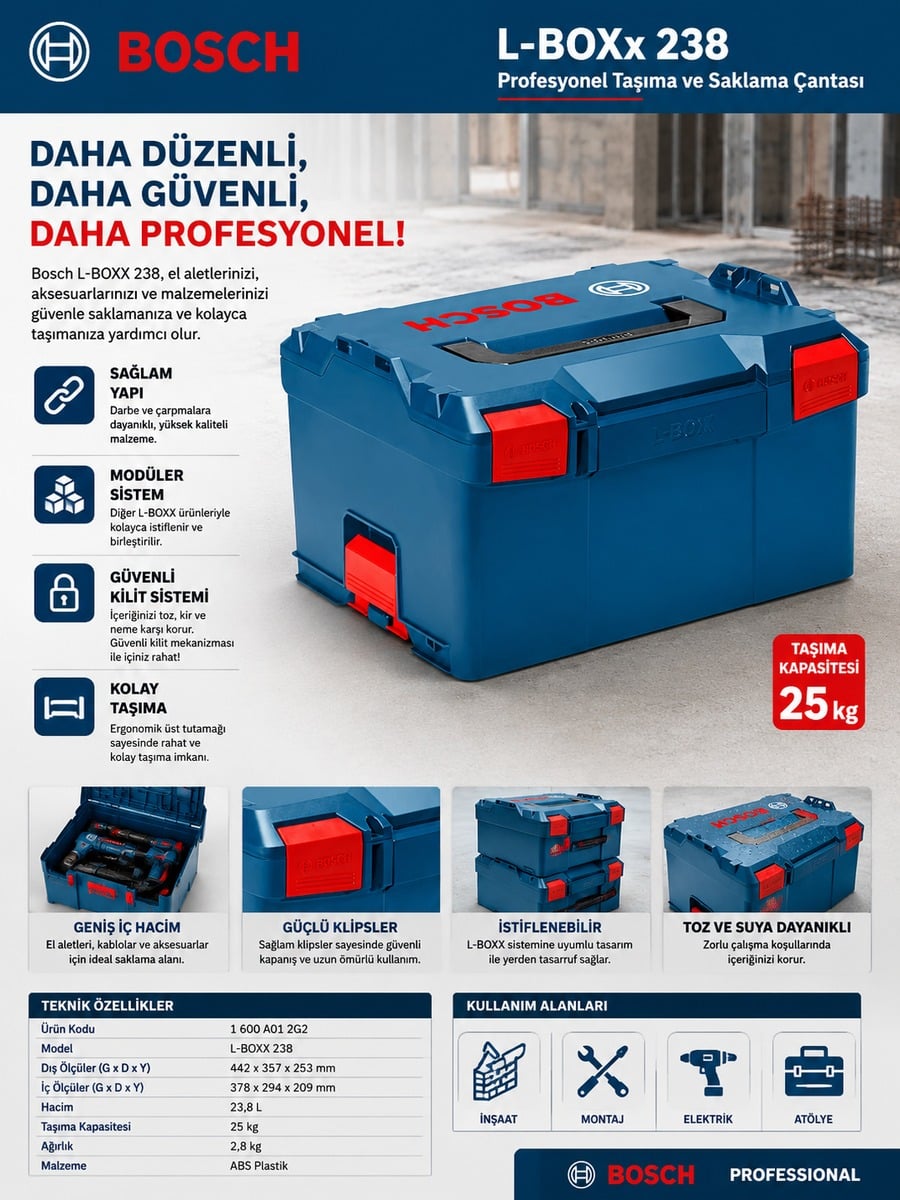 Bosch L-BOXX 238 profesyonel taşıma ve saklama çantası tanıtım görseli. Görselde L-BOXX 238 modelinin sağlam gövde yapısı, modüler istiflenebilir tasarımı, güvenli kilit sistemi, ergonomik taşıma sapı, 25 kg taşıma kapasitesi, teknik özellikleri ve inşaat, montaj, elektrik ile atölye kullanım alanlarını gösteren bilgiler yer almaktadır.