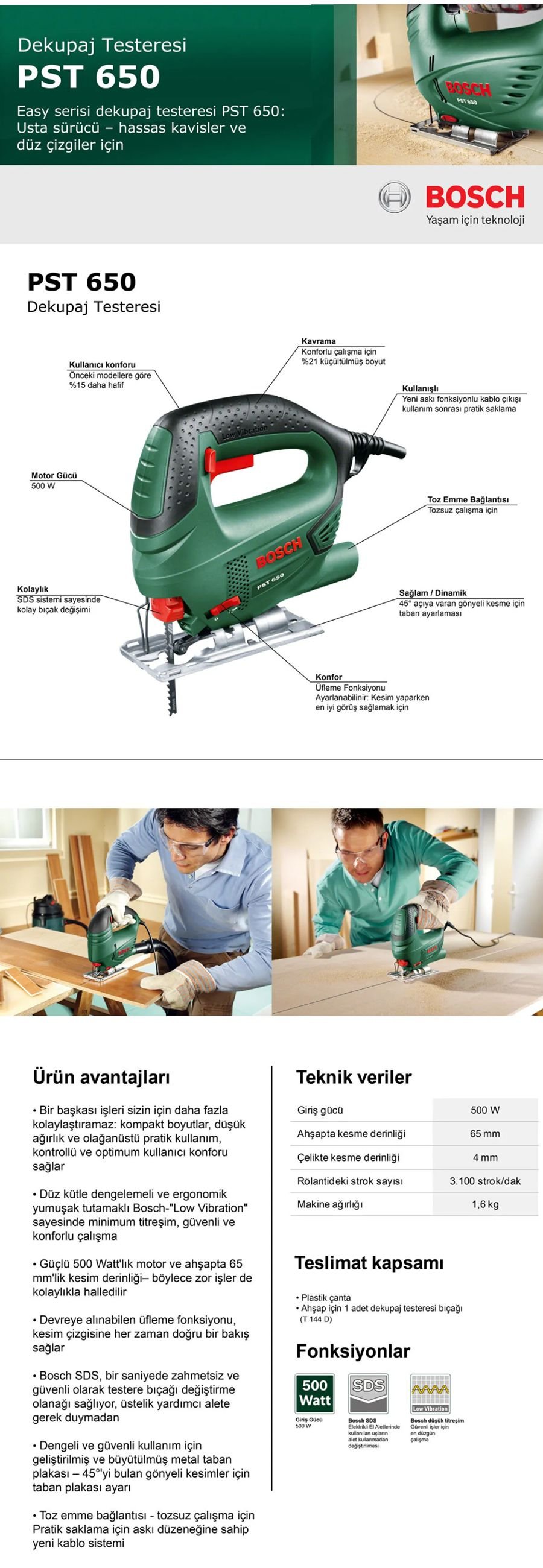 Bosch PST 650 elektrikli dekupaj testere ile ahşapta 65 mm ve çelikte 4 mm kesim kapasitesiyle güçlü ve hassas kesim deneyimi