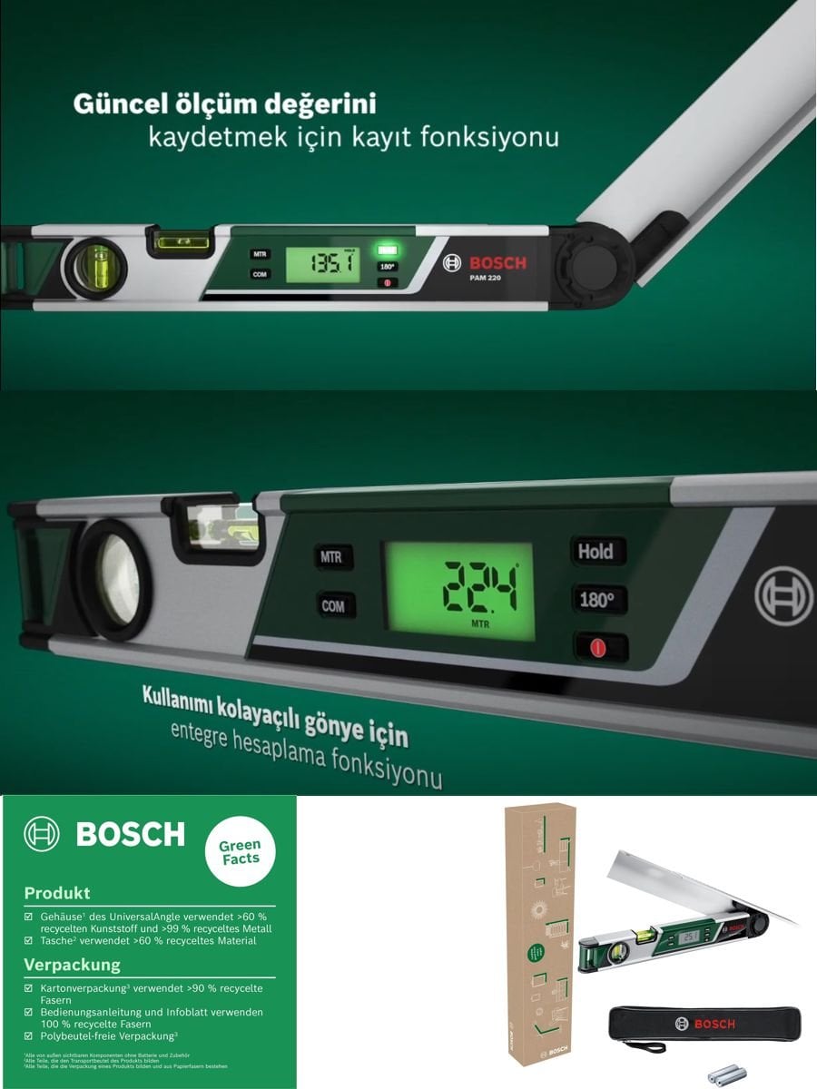 Bosch Home & Garden UniversalAngle dijital açı ölçer, 0° - 220° çalışma aralığı ve 40 cm kol uzunluğu ile gönye açılarını hassas şekilde ölçmek ve hesaplamak için kullanılır.
