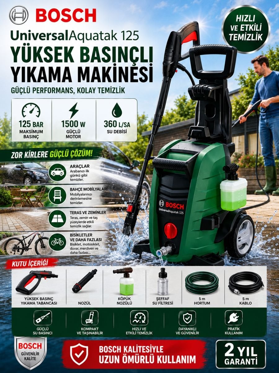 Bosch UniversalAquatak 125 basınçlı yıkama makinesi 1500W 125 bar köpük nozülü ve 5 metre hortumlu