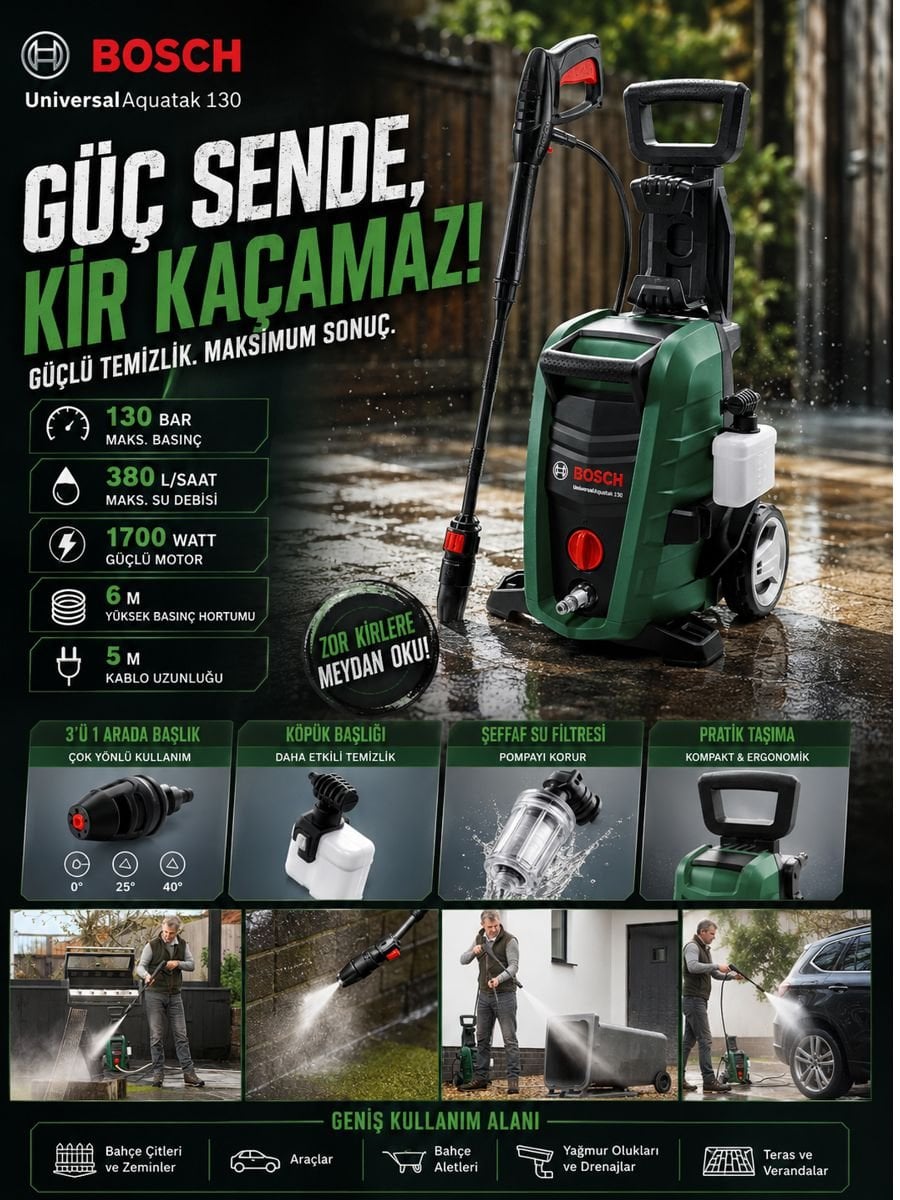 Bosch UniversalAquatak 130 basınçlı yıkama makinesi 1700W 130 bar yüksek basınçlı temizlik cihazı