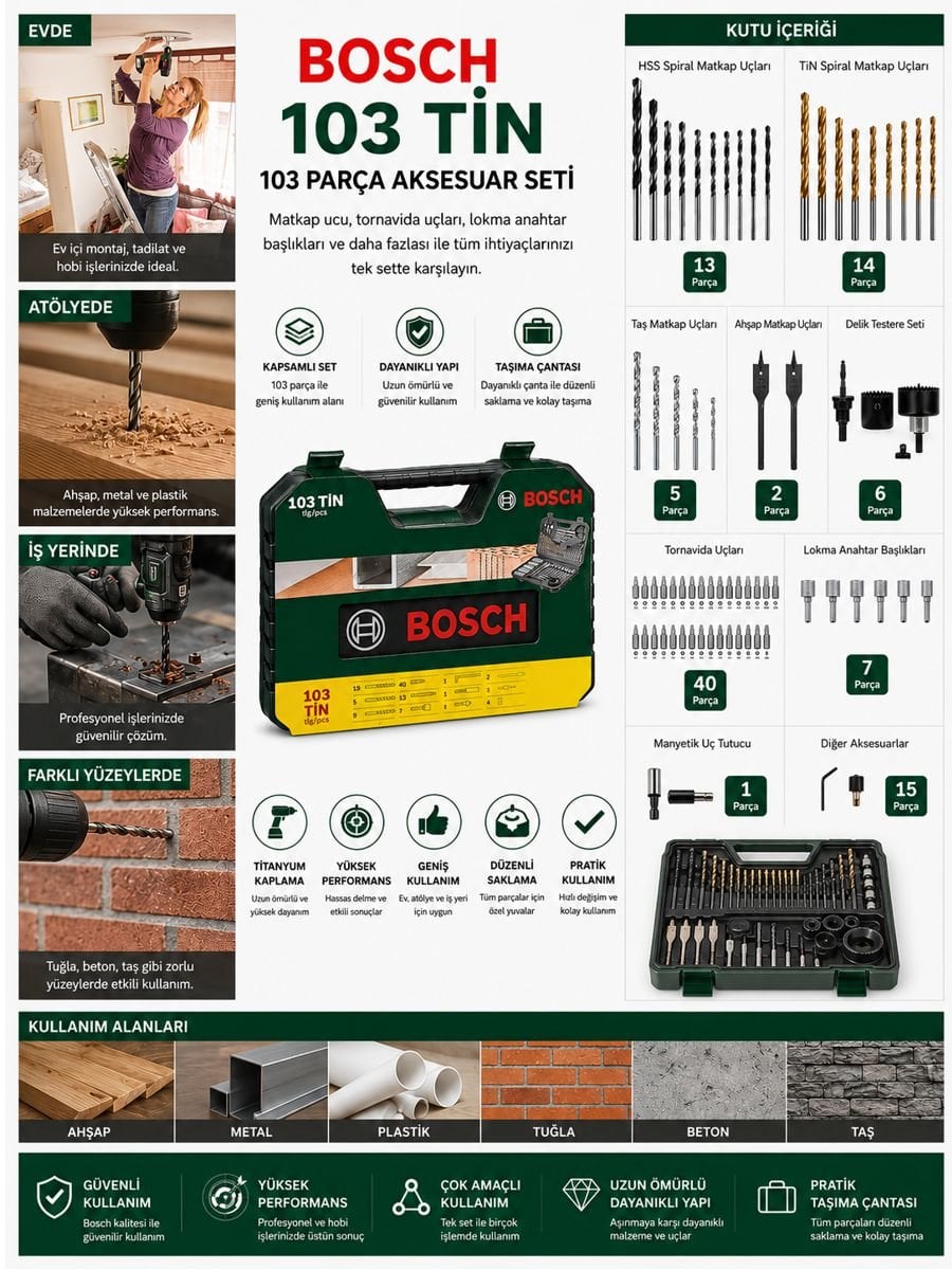 Bosch V-Line Titanium 103 parça matkap ve bits uç seti ahşap metal beton kullanım alanları ve set içeriği