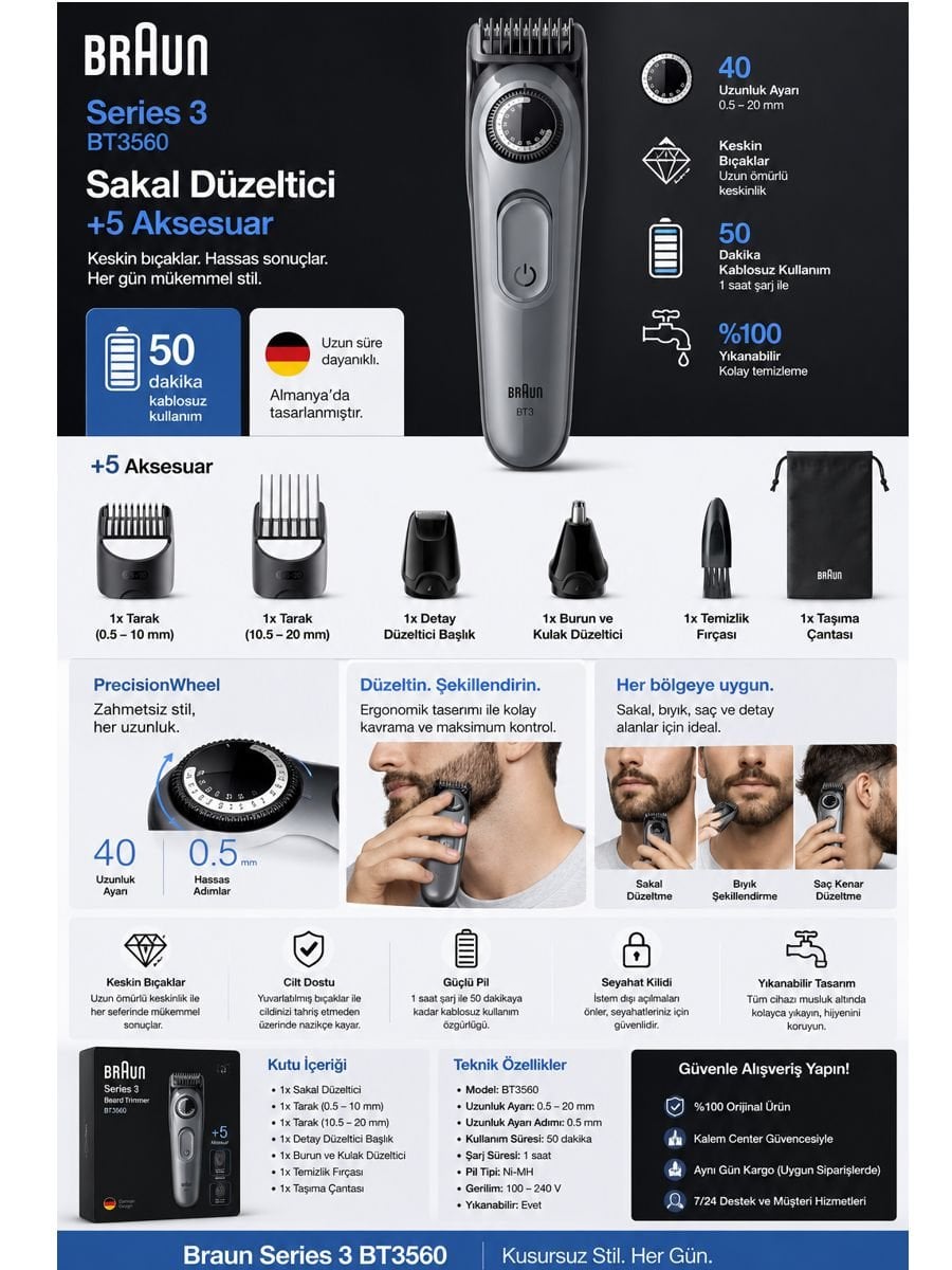 Braun Series 3 BT3560 sakal düzeltici, 40 uzunluk ayarı ve çoklu aksesuar desteğiyle profesyonel bakım deneyimi sunar