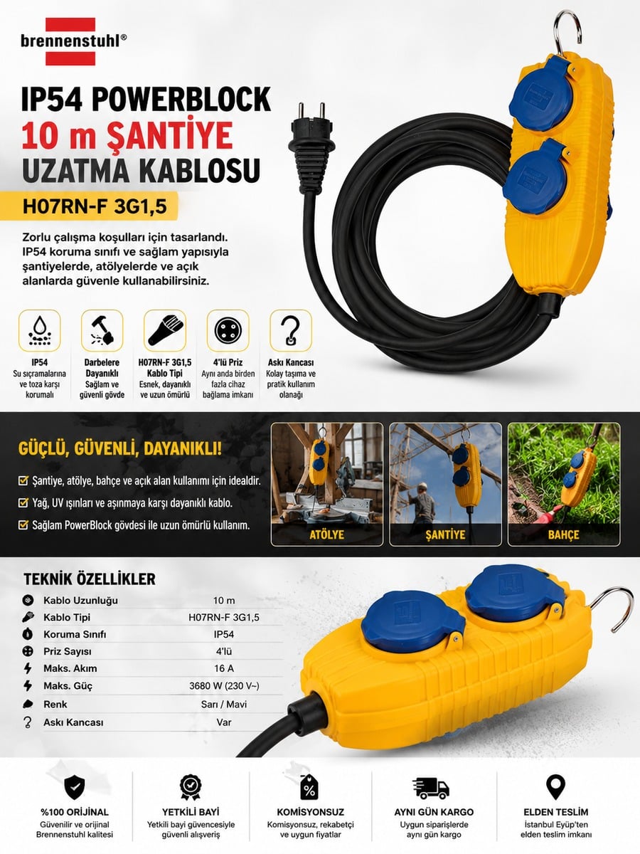 Brennenstuhl IP54 PowerBlock 10 m H07RN-F 3G1,5 4'lü şantiye uzatma kablosunun IP54 koruma, dayanıklı kauçuk kablo, askı kancası ve teknik özelliklerini gösteren açıklama görseli.