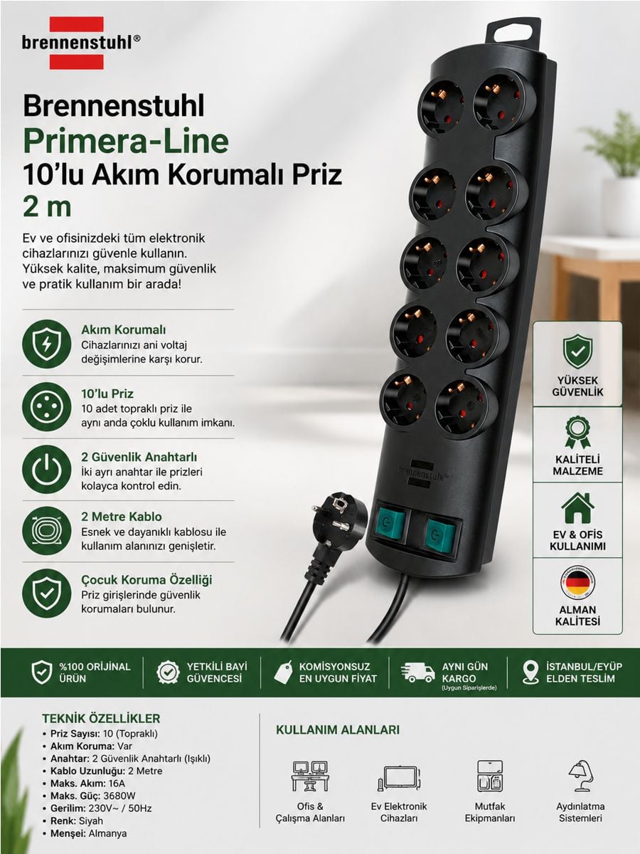 Brennenstuhl Primera-Line 10'lu akım korumalı priz 2 m kablo, çift güvenlik anahtarı ve çocuk korumalı priz yapısı.