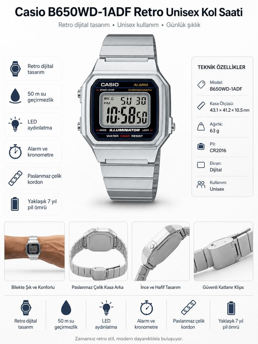 Casio B650WD-1ADF retro unisex dijital kol saati, metal kordonlu klasik tasarım ve LED ışıklı ekran