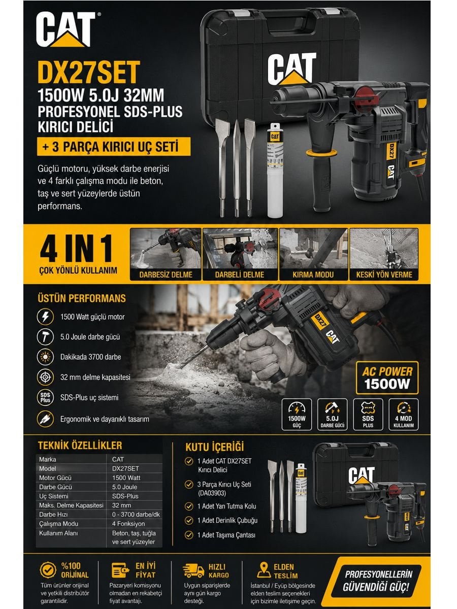 CAT DX27SET 1500 Watt 5.0J SDS-Plus profesyonel kırıcı delici matkap seti, 4 mod kullanım ve 3 parça kırıcı uç seti ile beton kırma ve delme uygulamaları için güçlü performans sunar.