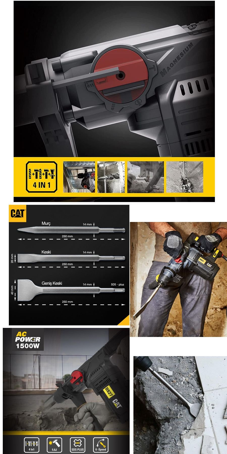 CAT DX27SET 1500 Watt 5.0J 32 mm profesyonel SDS-Plus kırıcı delici ve 3 parça kırıcı uç seti