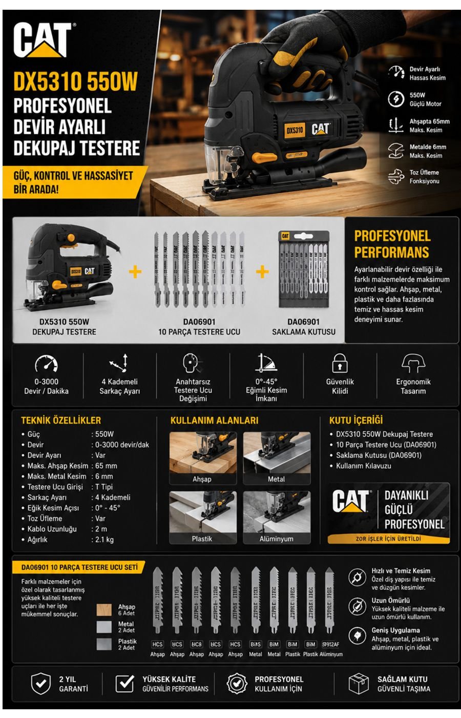 CAT DX5310 550W devir ayarlı dekupaj testere ve DA06901 10 parça testere ucu özellikleri