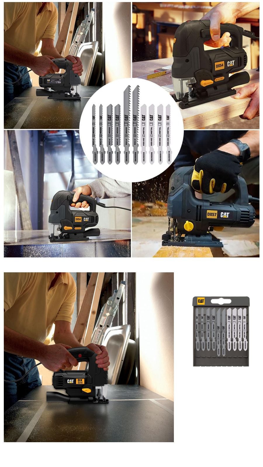 CAT DX5310 550W profesyonel devir ayarlı dekupaj testere, 10 parça testere ucu seti, LED aydınlatma ve açılı kesim özelliğiyle ahşap, metal ve PVC kesimleri için uygundur