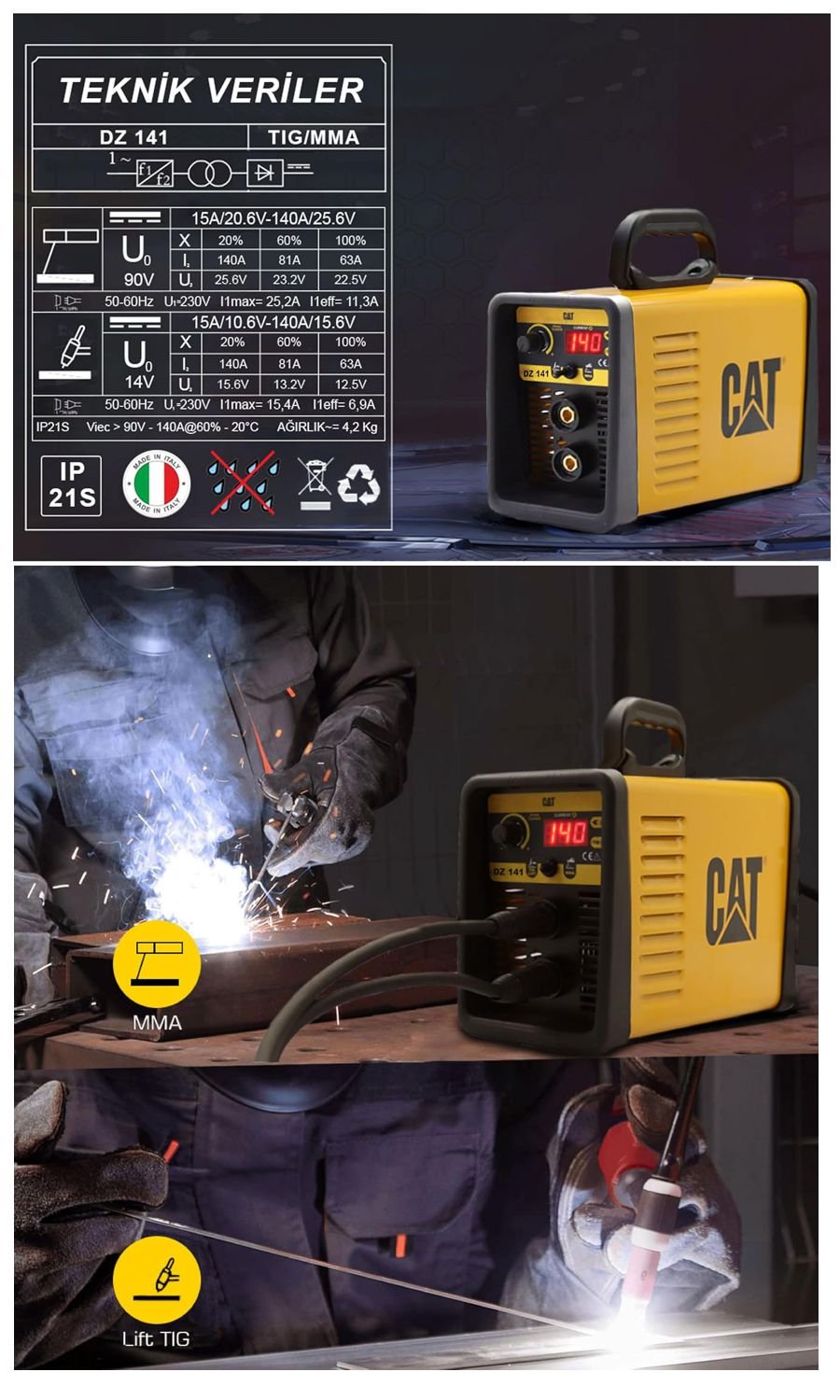 CAT DZ141 140 Amper TIG LIFT ve MMA destekli çanta tipi dijital inverter kaynak makinesi
